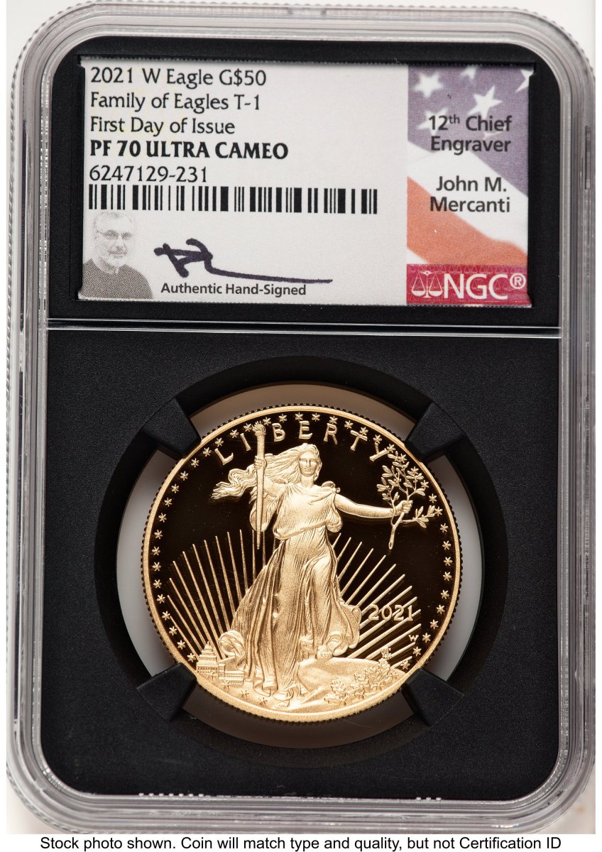 2021-W Modern Bullion Coins (2021-W Type 1 Proof Gold Eagle 1 oz FDI John Mercanti Blk Core)