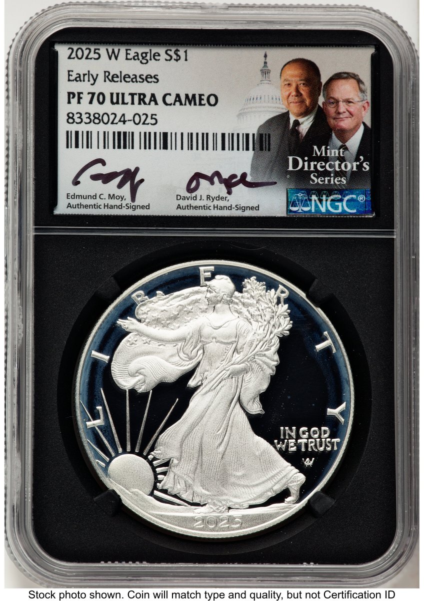 2025-W Modern Bullion Coins (2025-W Proof Silver Eagle 1 oz ER Ed Moy/David J Ryder Mint Directors Series Blk Core)