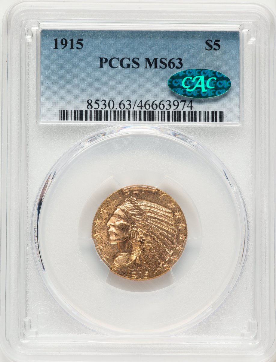 1915 Indian Half Eagles (1915 $5 CAC Blue Gradient)