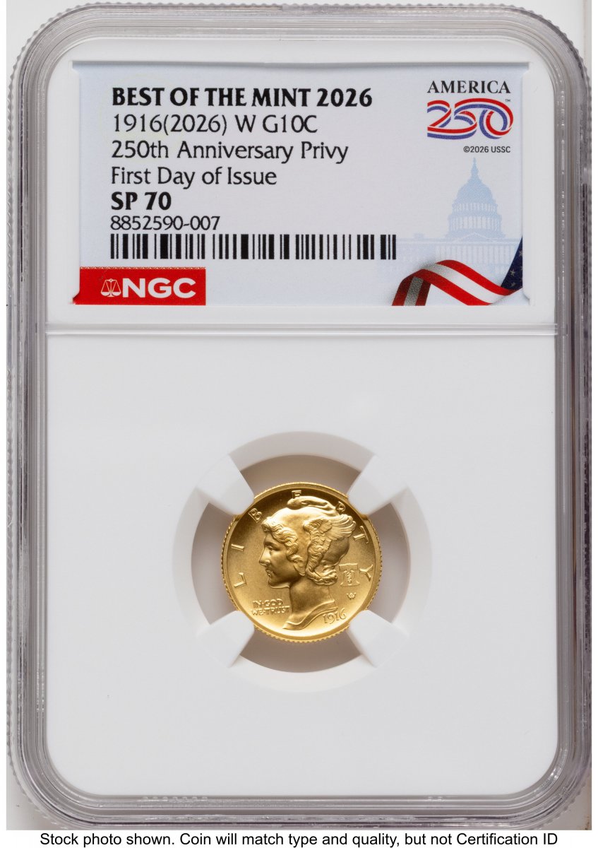 1000 Modern Bullion Coins (2026-W Best of the Mint 1916 Mercury Dime Gold 1/10 oz FDI America 250 Congress Building Label)