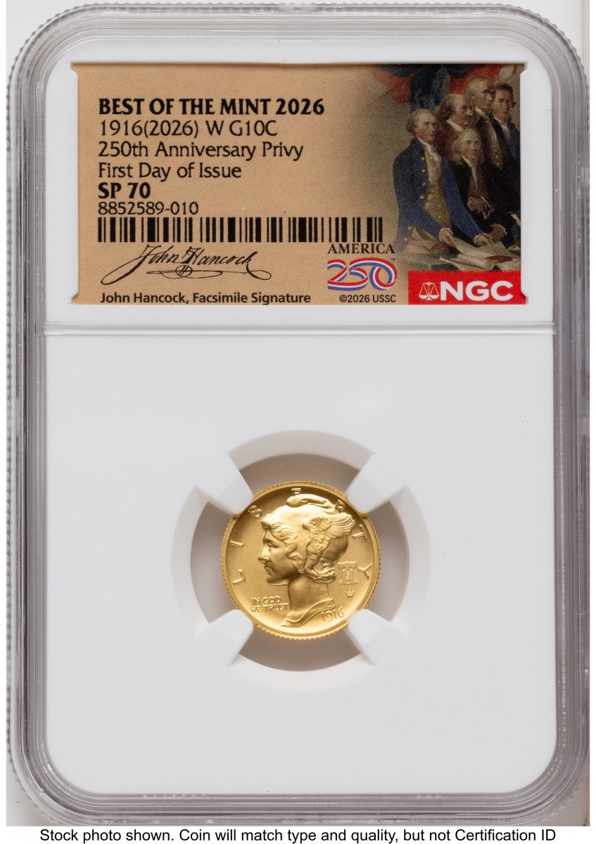 1000 Modern Bullion Coins (2026-W Best of the Mint 1916 Mercury Dime Gold 1/10 oz FDI America 250 John Hancock Label)