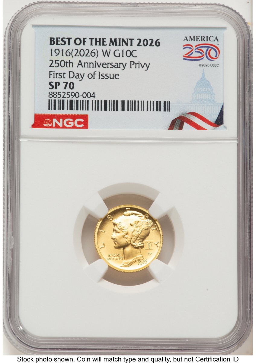 Modern Bullion Coins (2026 2 Coin Best of the Mint 1916 Mercury Dime Gold 1/10 oz and Silver 1 oz Medal Set FDI America 250 Congress Building Label)