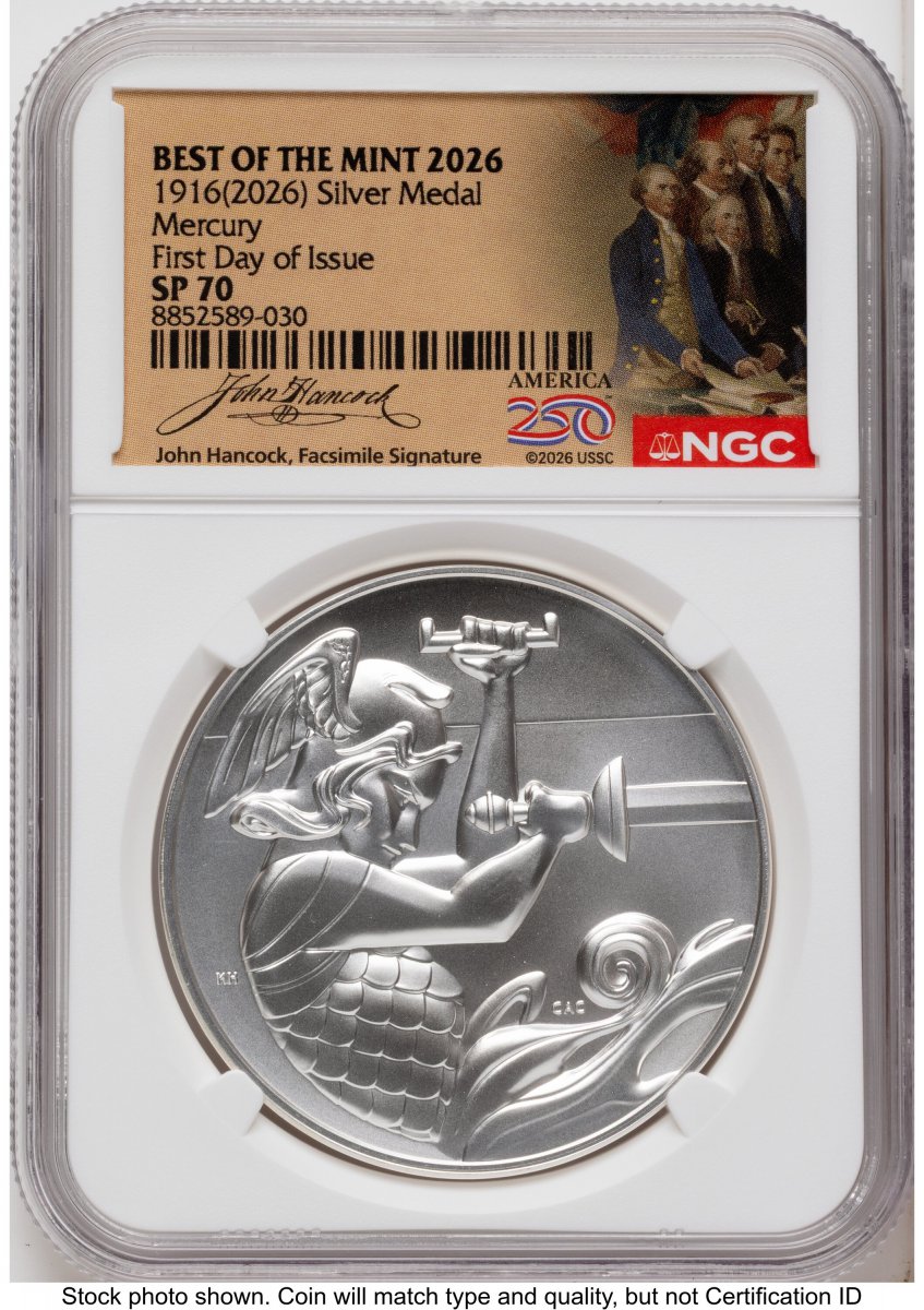 Modern Bullion Coins (2026 Best of the Mint 1916 Mercury Silver Medal 1 oz FDI America 250 John Hancock Label)