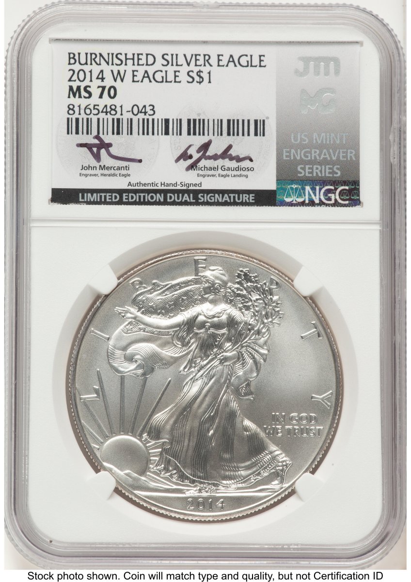 2014-W Modern Bullion Coins (2014-W Burnished Silver Eagle 1 oz John Mercanti/Michael Gaudioso US Mint Engraver Series)