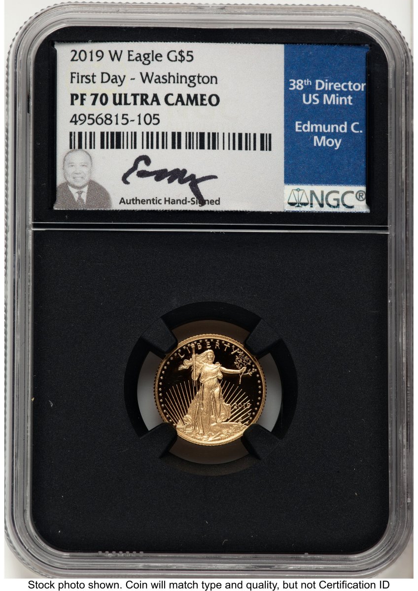 2019-W Modern Bullion Coins (2019-W Proof Gold Eagle 1/10 oz FDI Ed Moy Washington DC Blk Core)