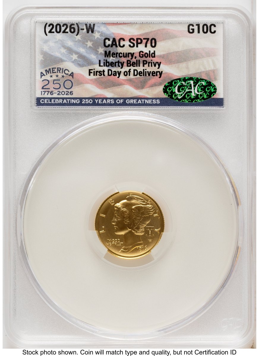 1000 Modern Bullion Coins (2026-W Best of the Mint 1916 Mercury Dime Gold 1/10 oz First Day of Delivery America 250 Flag Label)