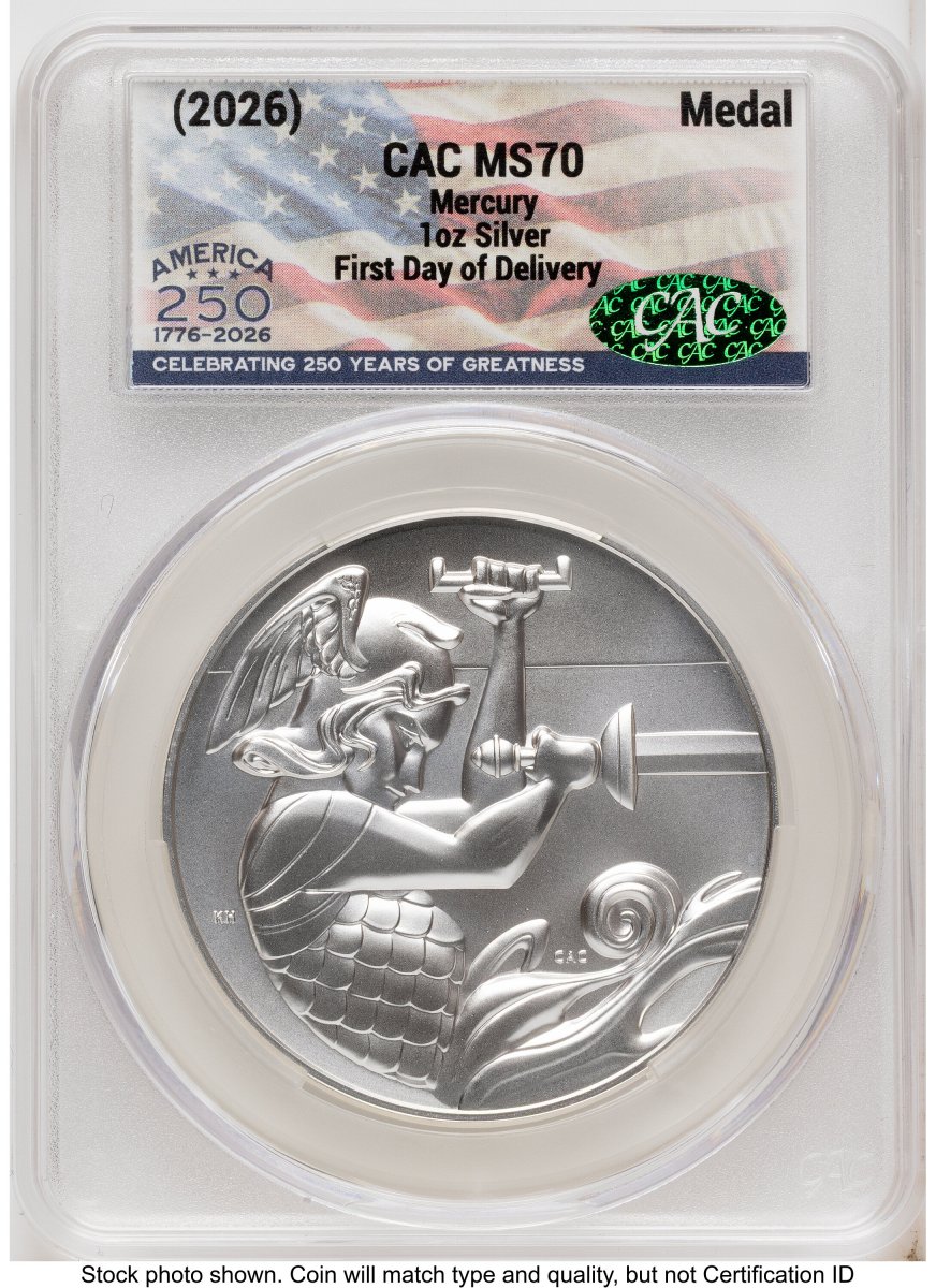 Modern Bullion Coins (2026 Best of the Mint 1916 Mercury Silver Medal 1 oz First Day of Delivery America 250 Flag Label)