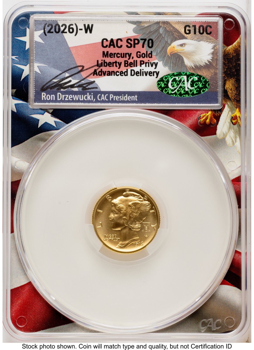 Modern Bullion Coins (2026-W Best of the Mint 1916 Mercury Dime Gold 1/10 oz Advanced Delivery Ron Drzewucki Flag Core)