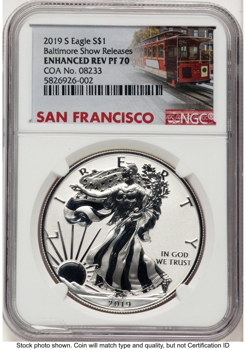 2019-S Modern Bullion Coins (2019-S Enhanced Reverse Proof Silver Eagle 1 oz Baltimore Show Releases Trolley Label)