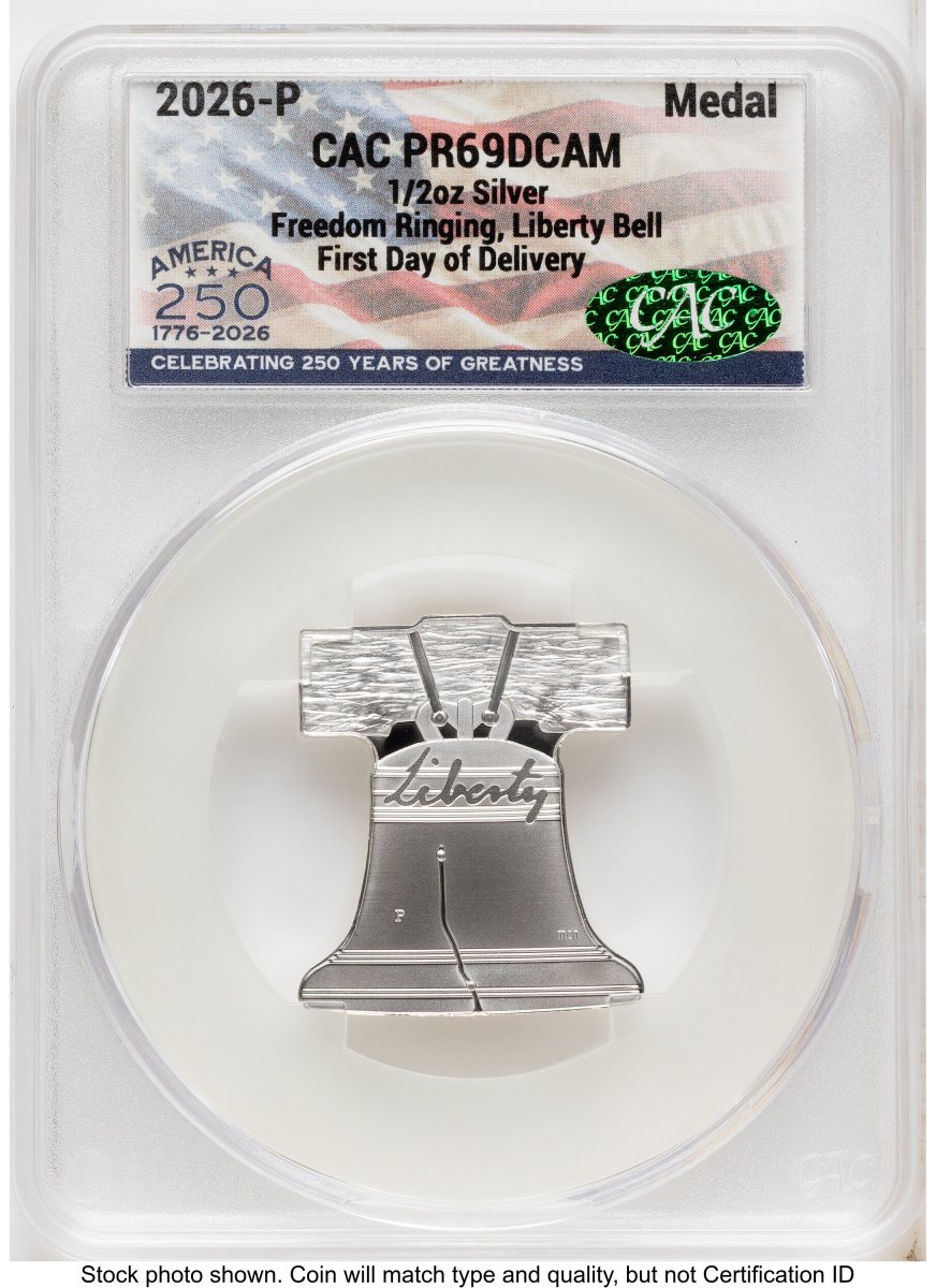 Modern Bullion Coins (2026-P Freedom Ringing Liberty Bell 1/2 oz Silver Medal First Day of Delivery America 250 Flag Label)