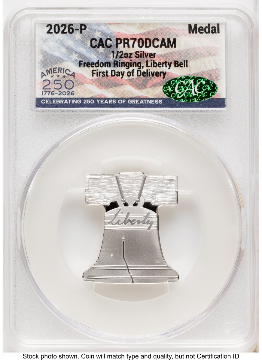 Modern Bullion Coins (2026-P Freedom Ringing Liberty Bell 1/2 oz Silver Medal First Day of Delivery America 250 Flag Label)