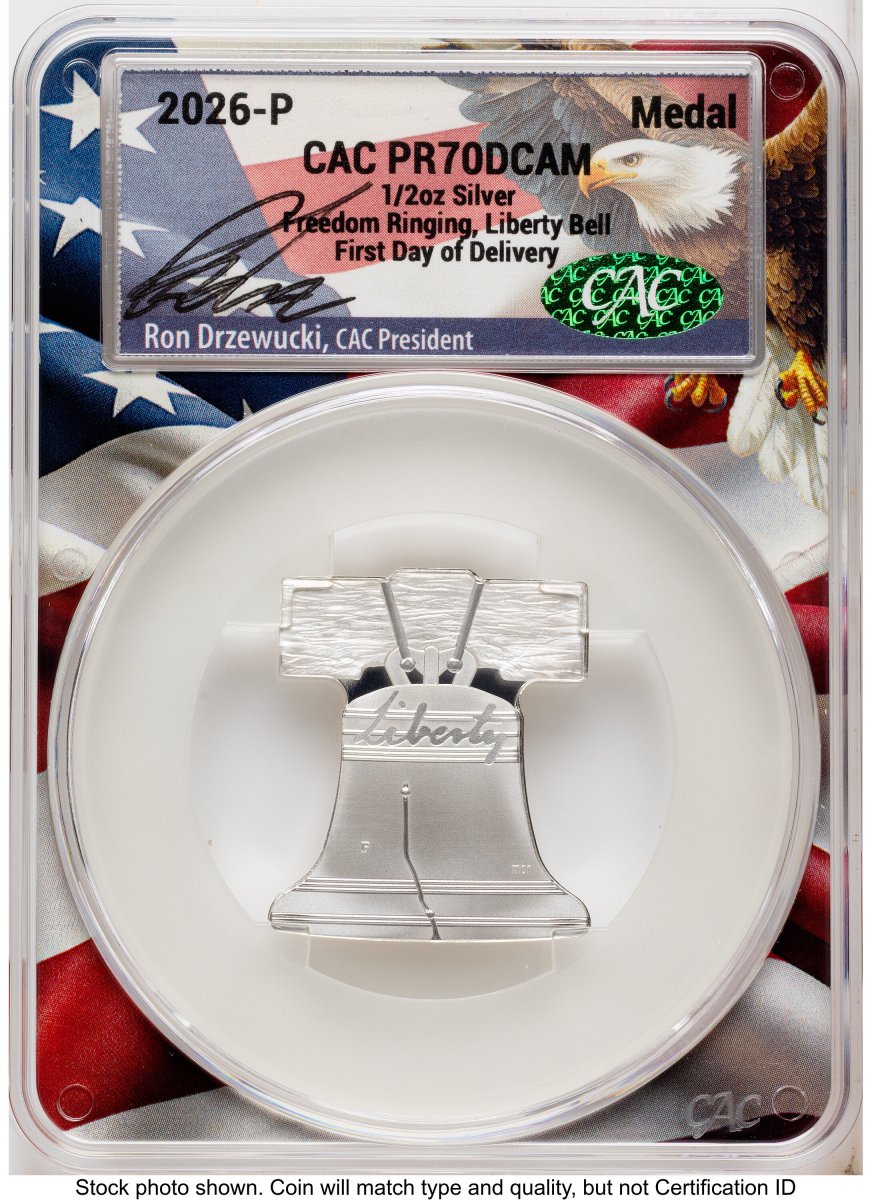 Modern Bullion Coins (2026-P Freedom Ringing Liberty Bell 1/2 oz Silver Medal First Day of Delivery Ron Drzewucki Flag Core)