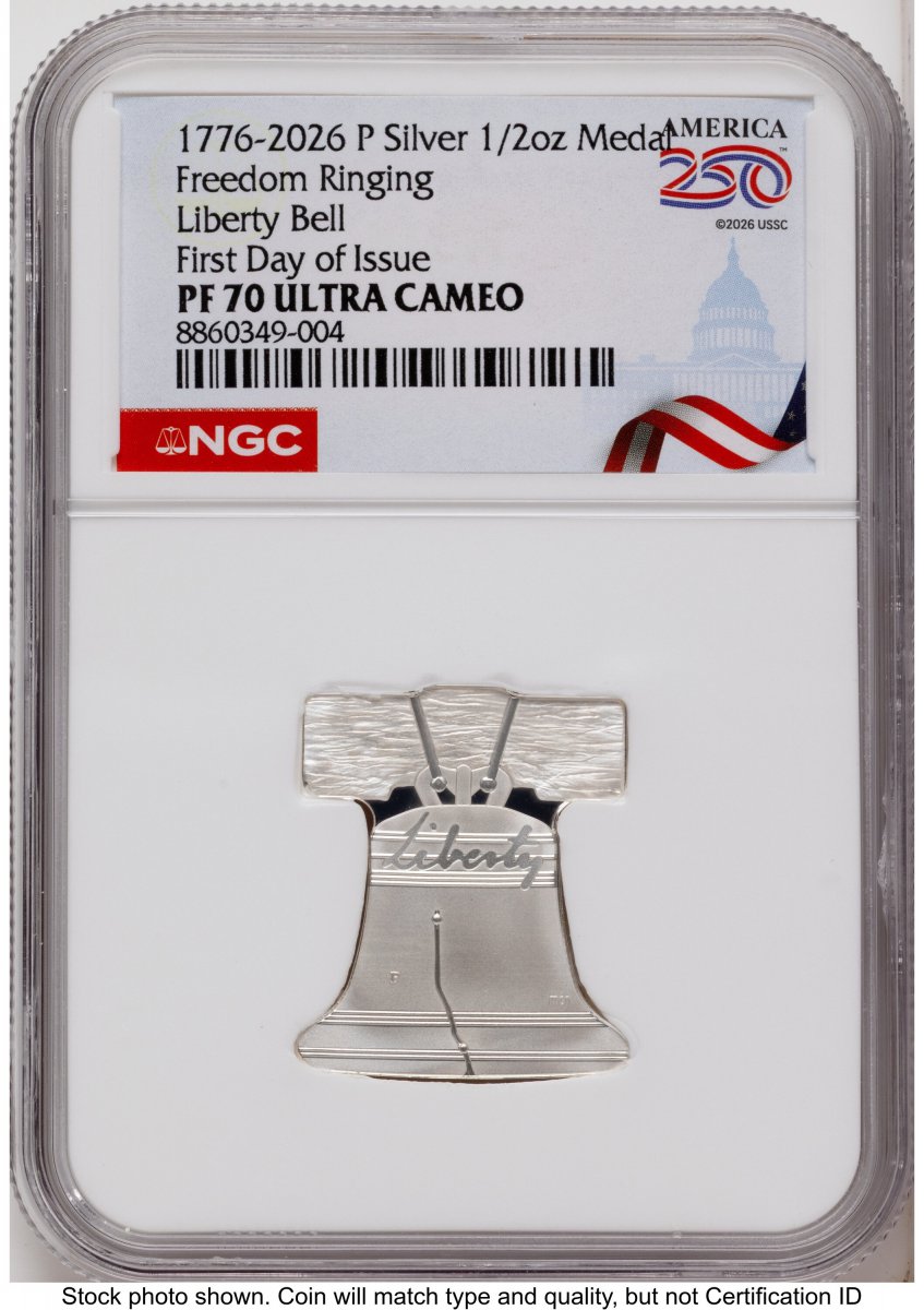 Modern Bullion Coins (2026-P Freedom Ringing Liberty Bell 1/2 oz Silver Medal FDI America 250 Congress Building Label)