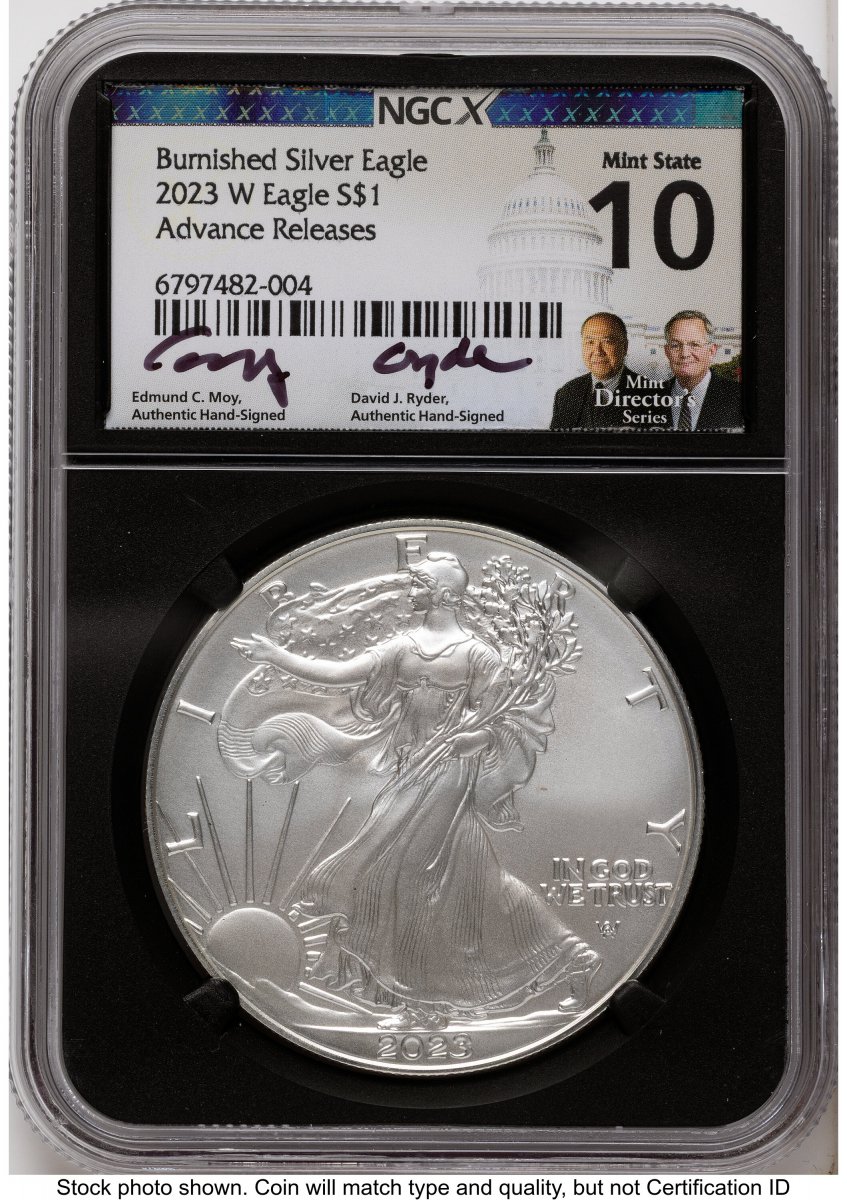2023-W Modern Bullion Coins (2023-W Burnished Silver Eagle 1 oz AR Ed Moy/David J Ryder Mint Directors Series Blk Core)