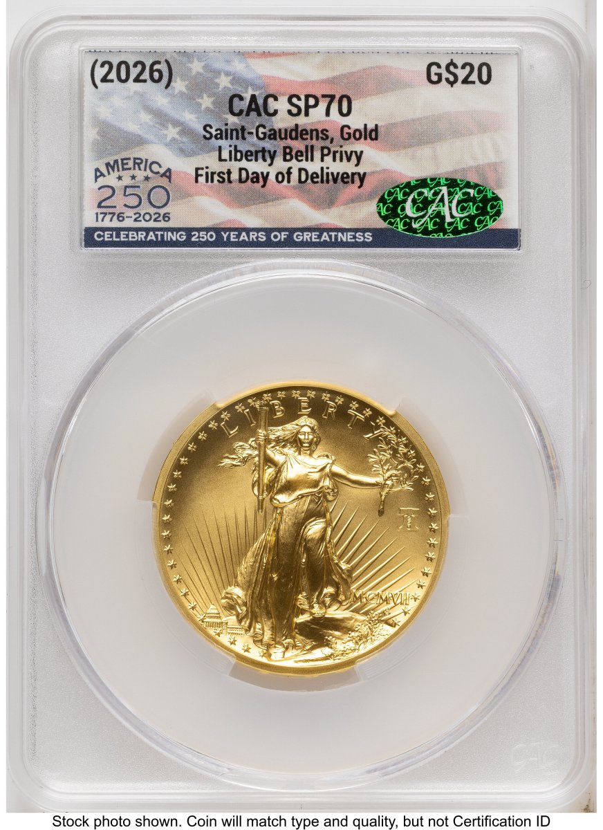 1000 Modern Bullion Coins (2026 2 Coin Best of the Mint 1907 Saint Gaudens $20 Gold 1 oz and Silver 1 oz Medal Set First Day of Delivery America 250 Flag Label)
