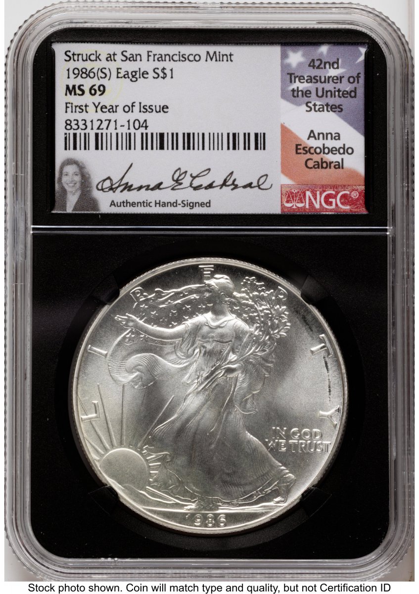1986-(S) Modern Bullion Coins (1986-(S) Silver Eagle Anna Cabral First Year of Issue Blk Core)
