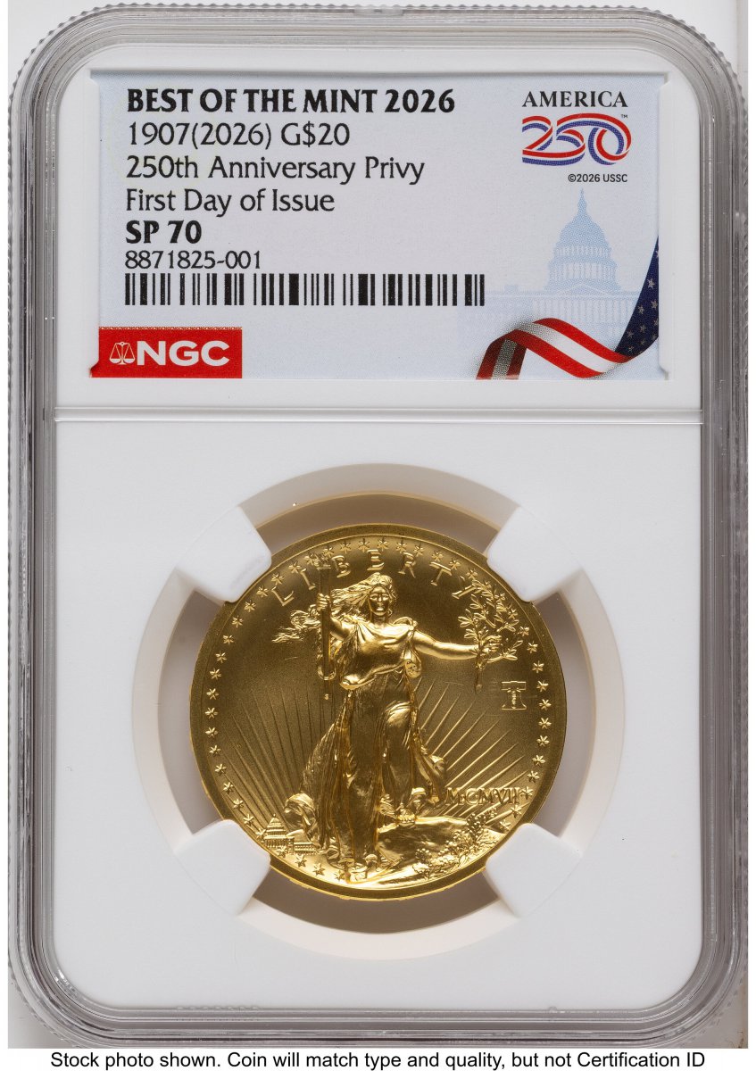 1000 Modern Bullion Coins (2026 2 Coin Best of the Mint 1907 Saint Gaudens $20 Gold 1 oz and Silver 1 oz Medal Set FDI America 250 Congress Building Label)