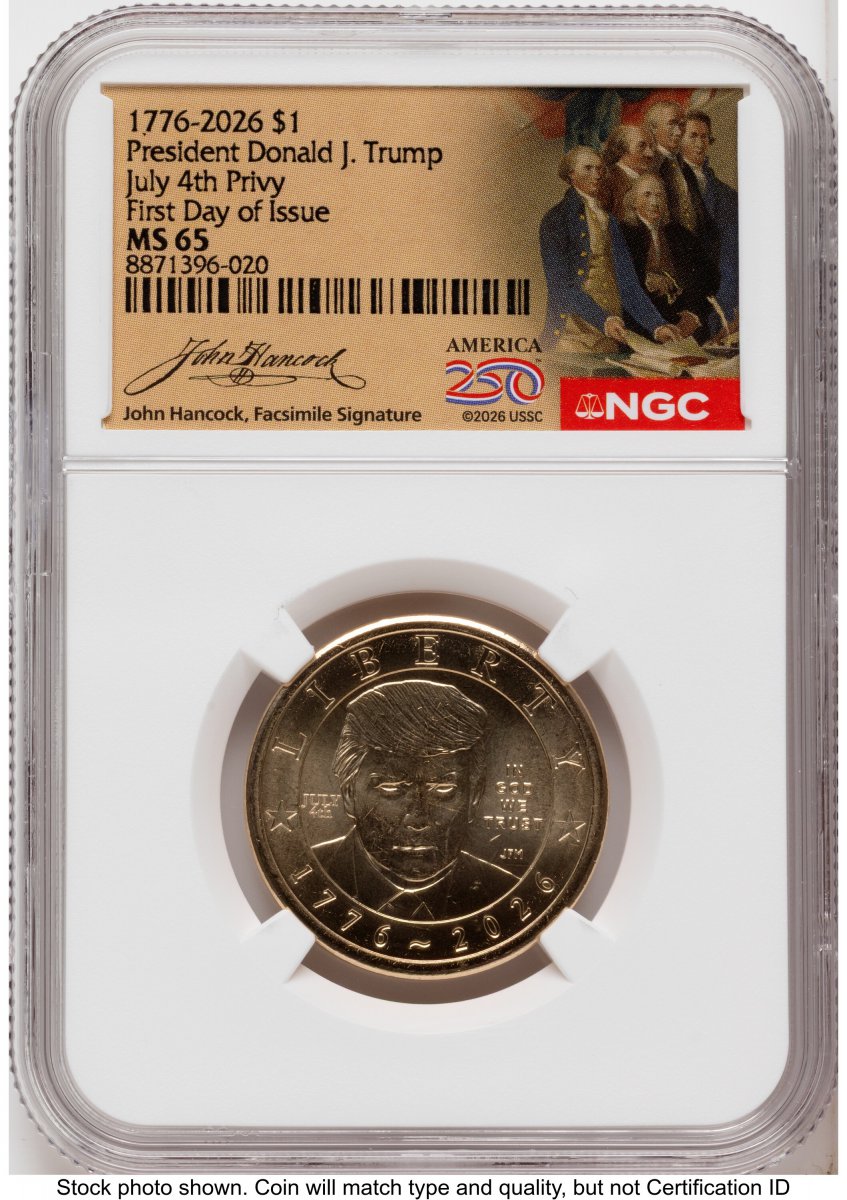 2026 Modern Bullion Coins (2026 Semiquincentennial President Donald J. Trump $1 (Privy Mark) FDI America 250 John Hancock Label)