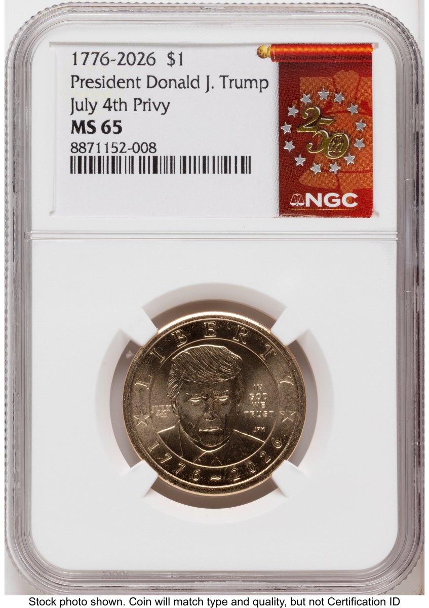 2026 Modern Bullion Coins (2026 Semiquincentennial President Donald J. Trump $1 (Privy Mark) 250th Red Bell Banner Label)