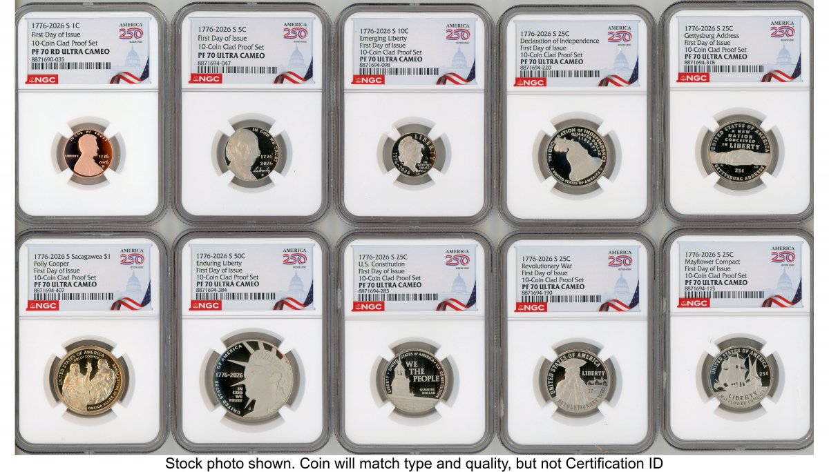 1000 Modern Bullion Coins (2026 10 Coin Semiquincentennial Clad Proof Set FDI America 250 Congress Building Label)
