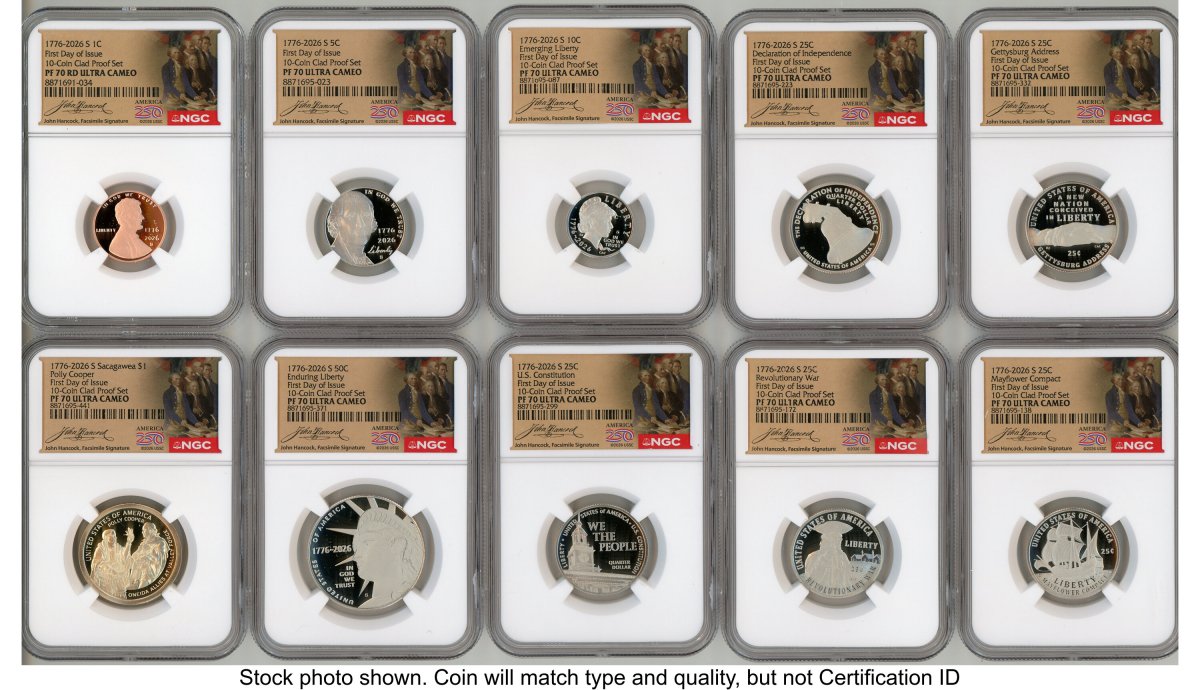 1000 Modern Bullion Coins (2026 10 Coin Semiquincentennial Clad Proof Set FDI America 250 John Hancock Label)