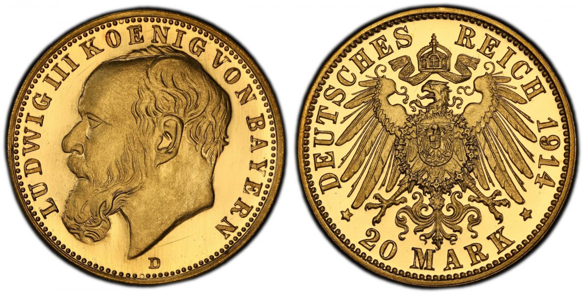 World Coins (GERMAN STATES. Bavaria. Ludwig III. (King, 1913-1918). 1914-D AV Pattern 20 Mark. PCGS SP67. Munich. Edge: Plain. 22.58mm. 8.10gm. Head left / Crowned imperial eagle, shield on breast. cf. KM 1009; Schaaf 202/G 2; cf. Beckenbauer; cf. Jaeger 202.)