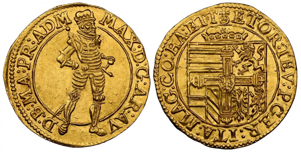 World Coins (GERMAN STATES. Teutonic Order. Maximilian of Austria. (Grandmaster, 1590-1618). (1590-1618) ND-(Globus cruciger) AV Ducat. NGC MS63. (Hall). 22mm. MAX: D: G: AR: AV – D: B: MA: PR: ADM. Maximilian standing / ET OR: TEV: P GER: ITA: MAG: CO: HA: ET· T. Shi)