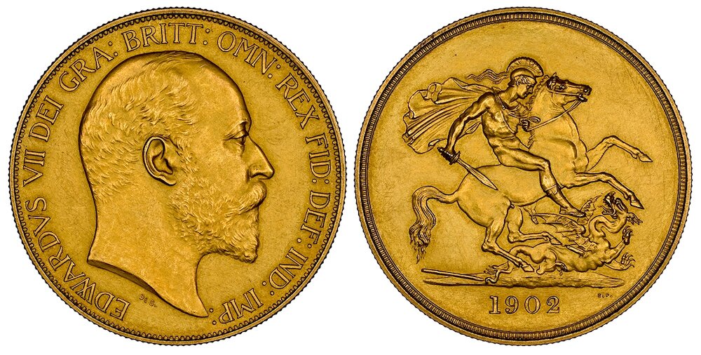 World Coins (GREAT BRITAIN. Edward VII. (King, 1901-1910). 1902 AV & AE 13 Piece Proof Set (Five Sovereign through Maundy Penny). NGC PR65-PR61 Matte. Head left / St. George slaying the dragon. PS15 (KM-795-797.1, KM798-870); SCBC-PS9 (Coronation). Krause reports a mi)