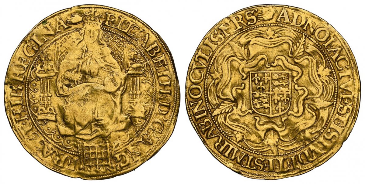 World Coins (GREAT BRITAIN. England. Elizabeth I. (Queen, 1558-1603). (1590-92) ND-(hand) AV Sovereign of 30 Shillings. NGC XF40. London (Tower) mint. 15.10gm. ELIZABETH • D . G . ANG .FRA . ET • HIB • REGINA • (mm). The Queen seated on a large throne, facing; a )