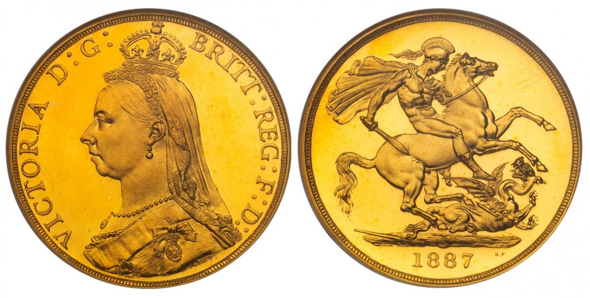 World Coins (GREAT BRITAIN. Victoria. (Queen, 1837-1901). 1887 AV Two Pounds. NGC PR65UCAM (Ultra Cameo). VICTORIA D:G: BRITT: REG: F:D:. Bust left wearing small crown and veil / St. George slaying the dragon. KM 768; SCBC-3865; Fr.-391. Jubilee head. Variety with B.P)