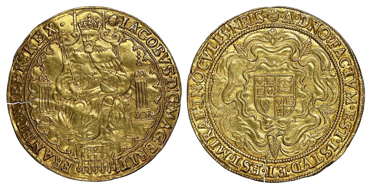 World Coins ("GREAT BRITAIN. England. James I. (King, 1603-1625). (1606-7) ND-(Escallop) AV Rose Ryal. NGC AU Details Cleaned.  Tower Mint, London. 13.54gm. (mm) • IACOBVS • D • G • MAG • BRIT •FRAN • ET • HIBER • REX •. King seated in throne, holding a scepter )