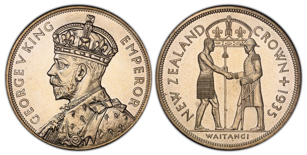 World Coins ("NEW ZEALAND. George V. 1935 AR Six Piece Proof Set (Threepence - Crown). PCGS PR65.  Crowned bust left / Crown above standing figures shaking hands (Crown); Crowned arms (Half Crown); Kiwi bird, left (Florin); Crouching Maori warrior, left (Shilling); Hu)