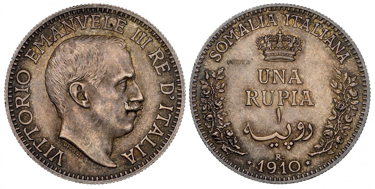World Coins ("ITALIAN SOMALILAND. Vittorio Emanuele III. (Emperor, 1900-1946). 1910-R AR Prova or Pattern Rupia. NGC MS64.  Rome. Head right / Crown above value and date flanked by sprigs. KM Pr8 (cf. KM 6); Pagani 393 (R2); Gigante P1.

Please use this link to verify)