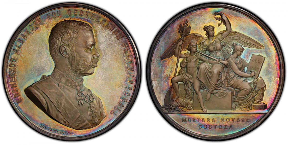 World Coins ("AUSTRIA. Albrecht. (Archduke of Teschen, 1817-1895). 1877 AR Medal. PCGS SP67. By Jos. Tautenhayn. 63mm. 85.42gm. ERHERZOG ALBRECHT VON OSTERREICH FELDMARSCALL. Uniformed bust, right / MORTARA NOVARA/ CUSTOZA. Victory seated on a plinth between Fame and)
