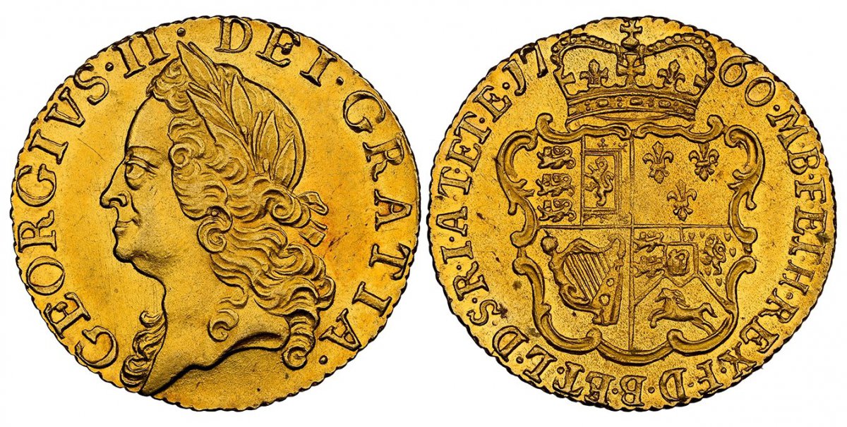 World Coins ("GREAT BRITAIN. George II. (King, 1727-1760). 1760 AV Half-Guinea. NGC MS62.  GEORGIVS · II · DEI · GRATIA ·. Old laureate head left / F · D · B · ET · L · D · S · R · I · A · T · ET · E · - M · B · F · ET · H · REX ·. Crowned 4-fold arms. KM 587; SCBC-36)