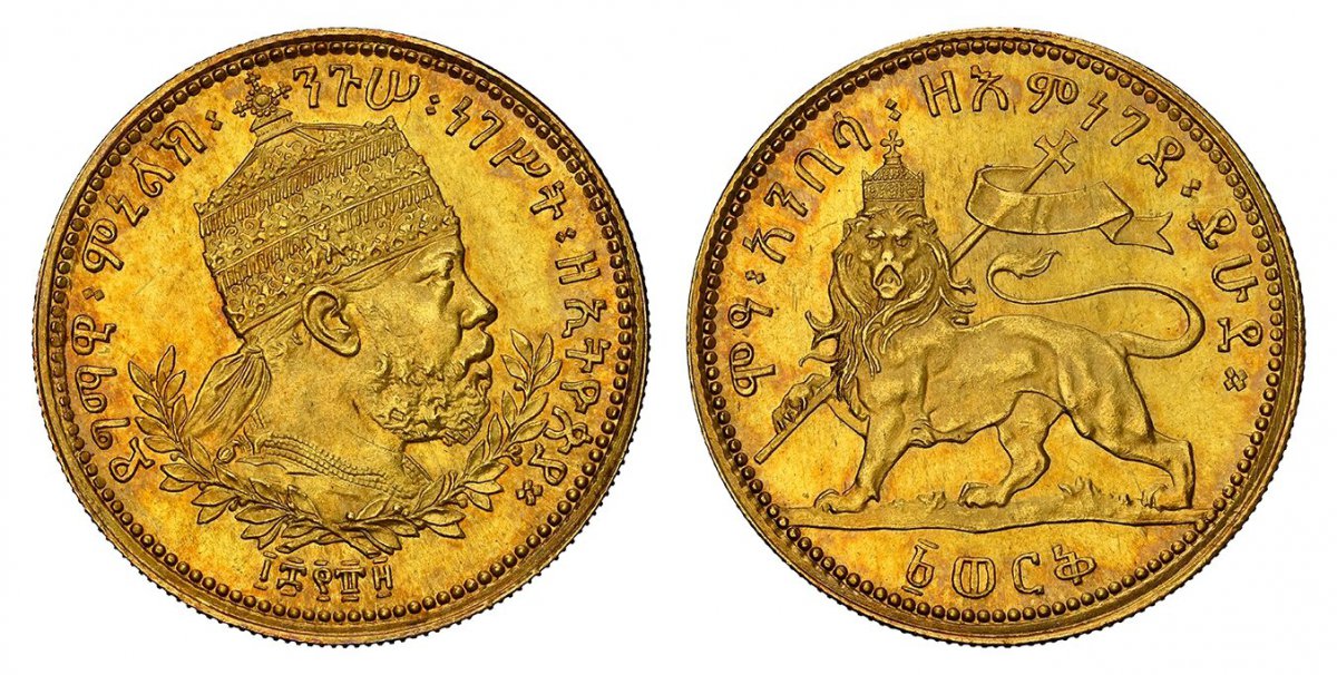 World Coins ("ETHIOPIA. Menelik II. (King, 1889-1913 ). EE1889 (1897) AV Werk. NGC MS65. Addis Ababa. Edge: Milled. 5.74gm. Crowned bust right, spray below / Crowned lion left, right foreleg raised holding ribboned cross. KM 18; Friedberg 20; Gill Y13.
Please use th)