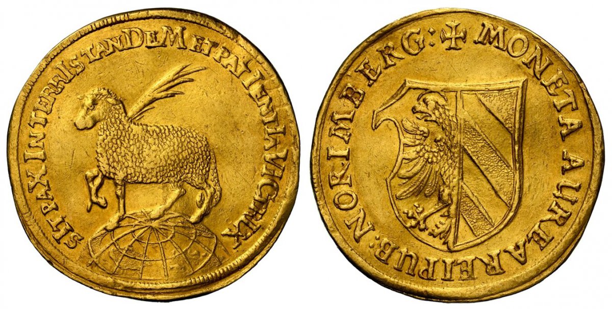 World Coins ("GERMAN STATES. Nürnberg. MDCXXXII (1632) AV 2 Ducats. NGC AU Details Bent.  6.84gm. Paschal lamb with palm branch standing to left on gridded globe; date in chronogram / Divided shield of arms. Friedberg 1823; Kellner 48.

Slightly wavy planchet (describ)