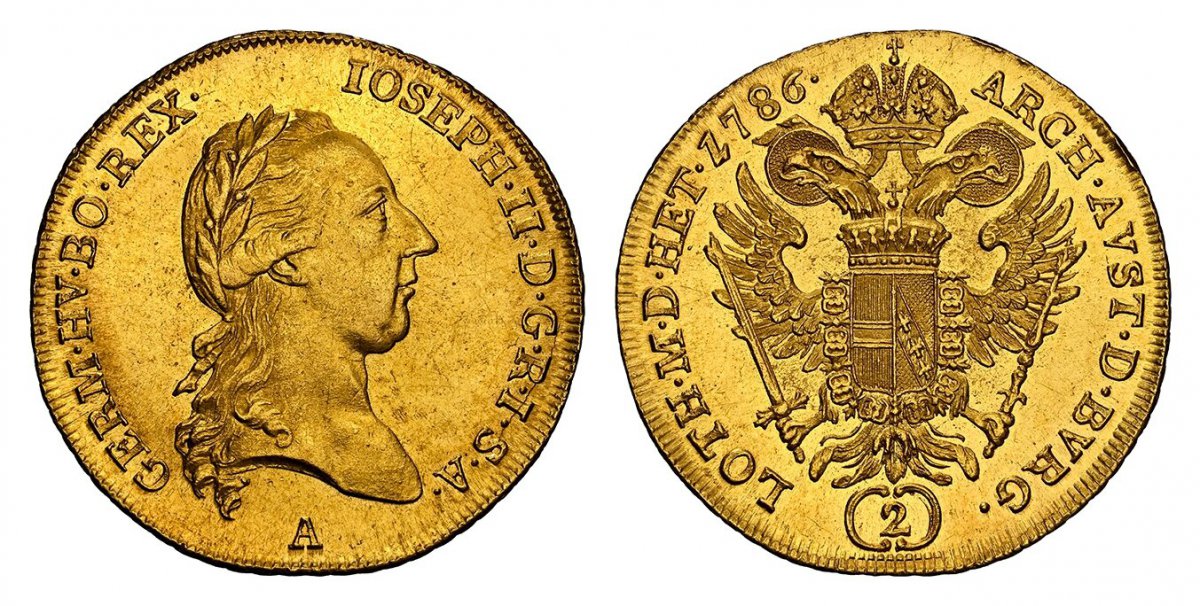 World Coins ("AUSTRIA. Joseph II. 1786-A AV 2 Ducats. NGC MS63. Vienna. 6.98gm. IOSEPH · II · D · G · R · I · S · A · GERM · HV · BO · REX ·. Laureate bust right / ARCH · AVST · D · BVRG · LOTH · M · D · HET ·. Crowned imperial double eagle, value encircled below. KM)