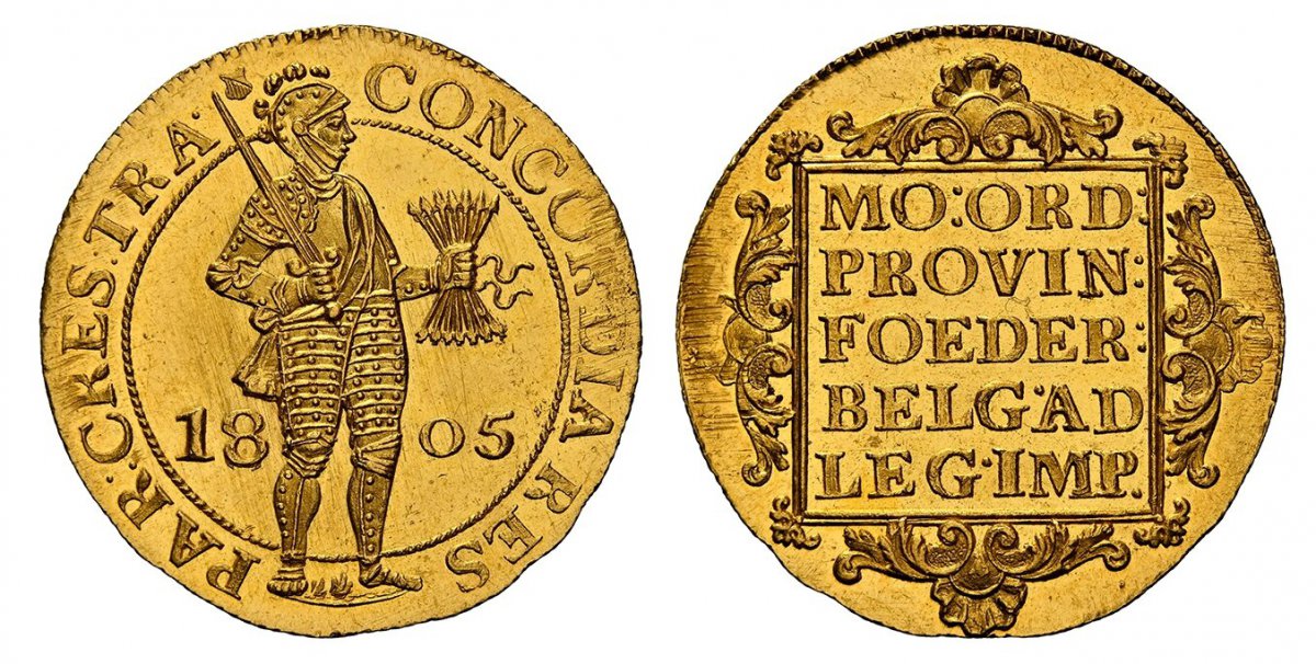 World Coins ("NETHERLANDS. 1805 AV 2 Ducats. NGC MS65.  Utrecht. CONCORDIA RES - PAR CRES TRA (mintmark:shield). Standing armored knight, in dotted inner circle, with sword and bundle of arrows divides date / MO:ORD:/PROVIN:/FOEDER:/BELG·AD/LEG·IMP. Inscription within)
