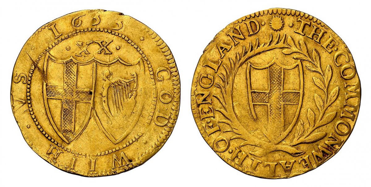 World Coins ("GREAT BRITAIN. England. Commonwealth. (1649-1660). 1655-(sun) AV Unite. NGC AU Details Cleaned, Bent.  London. 8.93gm. THE COMMONWEALTH OF ENGLAND. Shield with St. Georges cross within wreath / GOD · WITH · VS · (date). • XX • (value) above two shields )