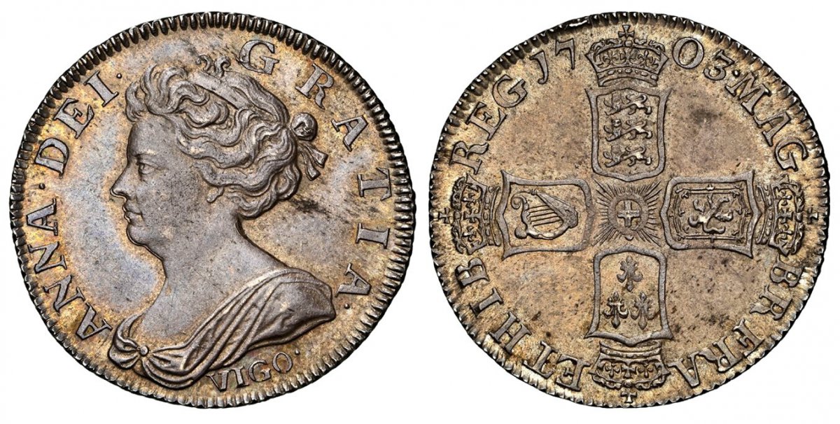 World Coins ("GREAT BRITAIN. England. Anne. (Queen, 1702-1714). 1703 AR Shilling. NGC MS63.  ANNA · DEI · - GRATIA ·. Second bust (short ties), VIGO below / MAG - BR · FRA - ET · HIB - REG ·. Crowned shield in cruciform. KM 517.1; SCBC-3586; ESC-1388 (Prev. ESC-1131).)