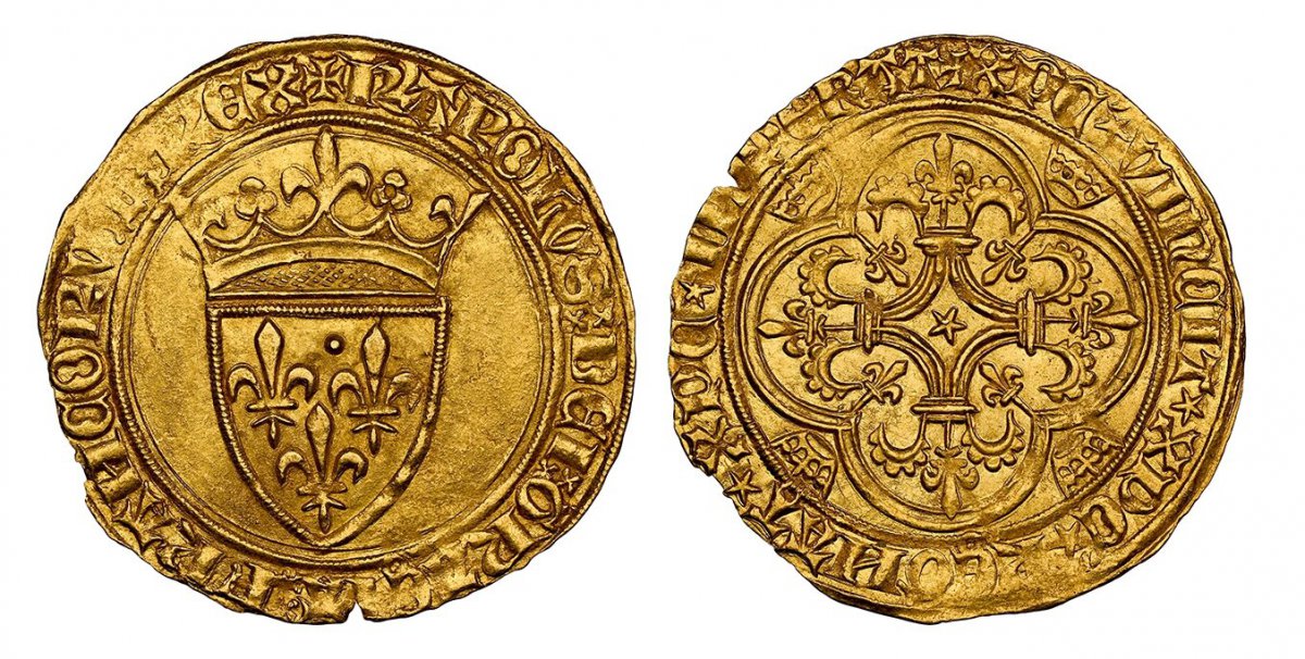 World Coins ("FRANCE. Charles VI. (King, 1380-1422). (1380-1422) AV Ecu dOr. NGC MS65. Troyes. 3.75gm. Crowned coat-of-arms / Cross fleurée, with star in center and inward-facing lis in each angle; all within double polylobe, with crown in each angle. Duplessy 369D;)