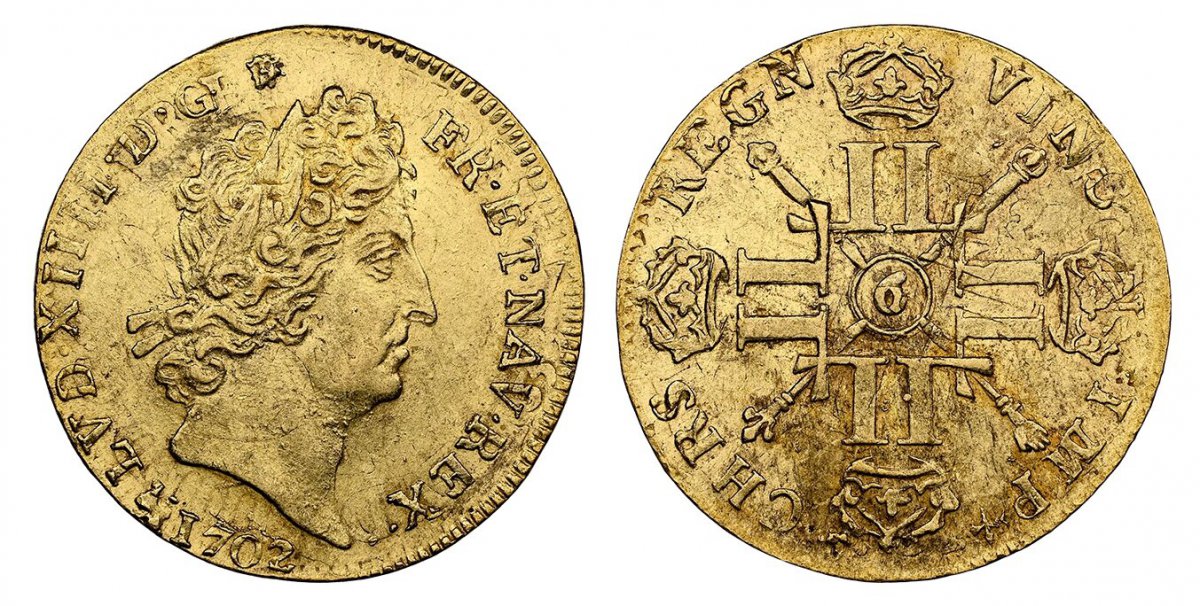 World Coins ("FRANCE. Louis XIV. (King, 1643-1715). 1702(9)-""9"" AV Louis dOr. NGC MS61. Rennes. 6.69gm. LVD · XIIII · D · G FR · ET · NAV · REX ·. Laureate head right / CHRS · REGN · VINC · IMP. Crowned back to back Ls, Hand of Justice and sceptre cross at cent)