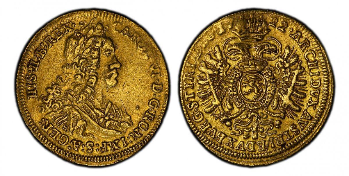 World Coins ("AUSTRIA. Karl (Charles) VI. 1722 AV Ducat. PCGS AU50. Graz. 3.44gm. CAROL · VI · D: G: ROM · IMP: S: A: G: E: R: HIS: H: B: REX ·. Laureate head right / ARCHIDVX AVSTRIÆ DVX BVRG STYRIÆ. Crowned imperial eagle, crown divides date. KM 1557; Fr.-377; Heri)