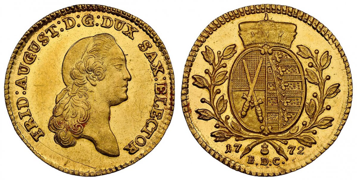 World Coins ("GERMAN STATES. Saxony-Albertine. Friedrich August III. 1772 EDC AV Ducat. NGC MS62PL (Prooflike).  FRID: AUGUST: D: G: DUX SAX: ELECTOR. Head right / Electors cap above arms within branches, date divided below. KM 994; Fr.-2871.

Currently the finest kn)