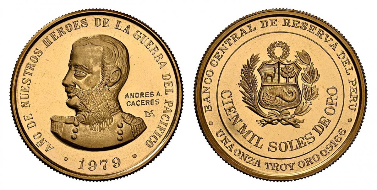 World Coins ("PERU. Andrés Avelino Cáceres. (President, 1886-1890 and 1894-1895). 1979- LIMA AV 100000 Soles. NGC MS67.  Lima. Edge: Milled. 35mm. 33.9gm. BANCO CENTRAL DE RESERVA DEL PERU// CIEN MIL SOLES DE ORO// UNA ONZA TROY ORO 0.9166. National arms within circle)