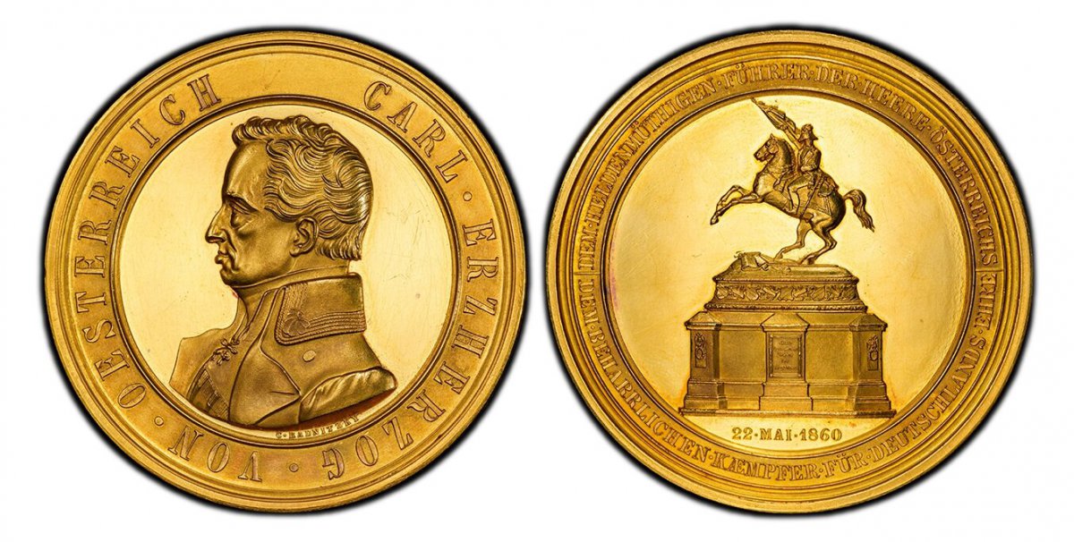 World Coins ("AUSTRIA. Franz Joseph I. (Emperor, 1848-1916). 1860 AV Medal of 40 Ducats Weight. PCGS SP63. By C. Radnitsky. 64mm. 138.42gm. CARL. ERZHERZOG. VON. OESTERREICH. Bust, left; signed below truncation / DEM. HELDENMÜTHIGEN. FÜHRER. DER. HEERE. ÖSTERREICHS/ )