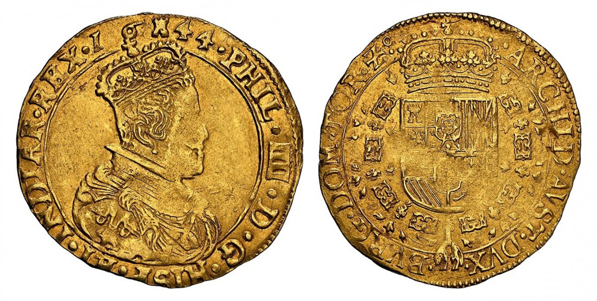 World Coins ("SPANISH NETHERLANDS. Tournai. 1644-(tower) AV 2 Souverain dOr. NGC AU55.  Tournai. 11.04gm. Older bust of Philip IV in flat collar / Crowned royal shield of arms within order chain. KM 55; Fr.-396.

Please use this link to verify the NGC certification n)