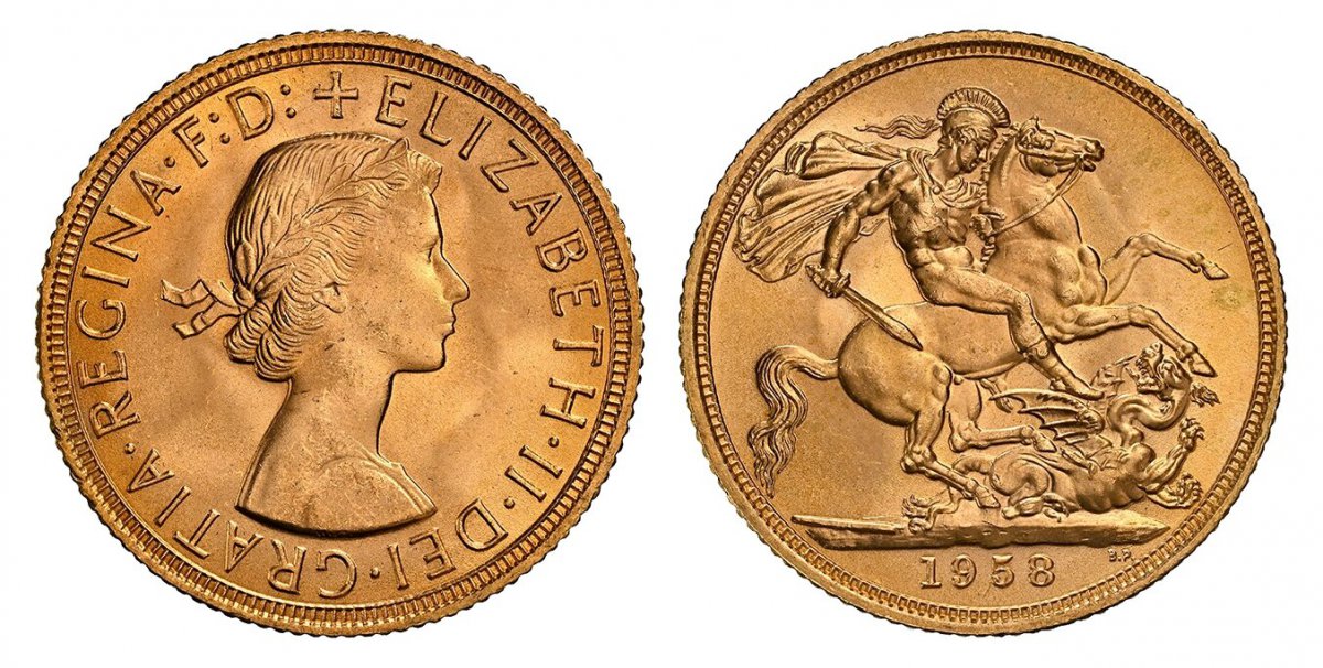 World Coins ("GREAT BRITAIN. Elizabeth II. (Queen, 1952-2022). 1958 AV Sovereign. NGC MS66.  By Mary Gillick (Obv.). Laureate bust right / St. George slaying the dragon. KM 908; SCBC-4125; Fr.-271.

Please use this link to verify the NGC certification number <a href=")
