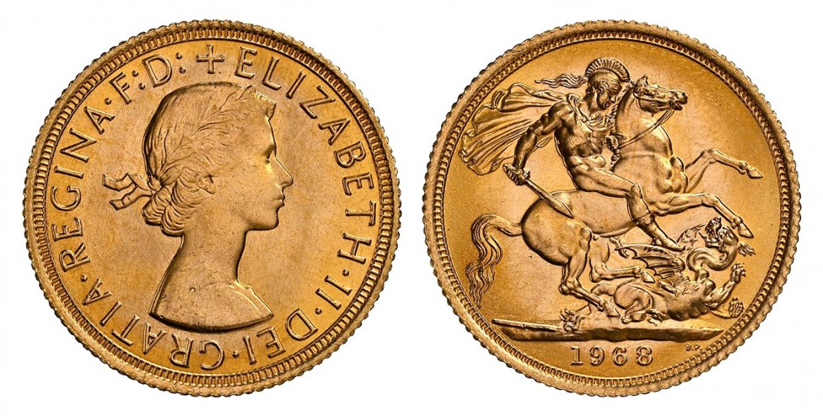 World Coins ("GREAT BRITAIN. Elizabeth II. (Queen, 1952-2022). 1968 AV Sovereign. NGC MS66+.  By Mary Gillick. Laureate bust right / St. George slaying the dragon. KM 908; SCBC-4125; Fr.-271.

Please use this link to verify the NGC certification number <a href=""https)